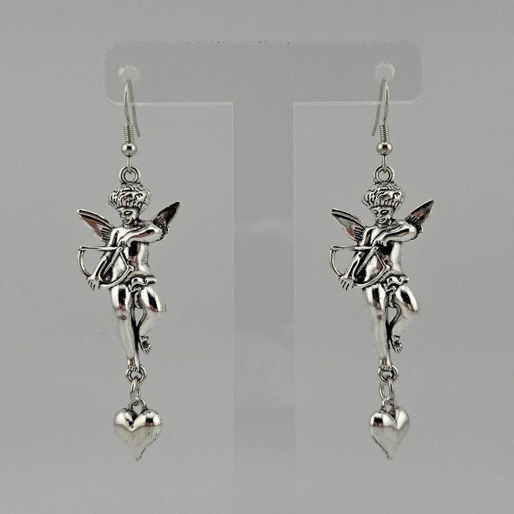 Cupid Angel Heart Dangle Charm Earrings Silver Tone 3" Long Valentine Love Shiny